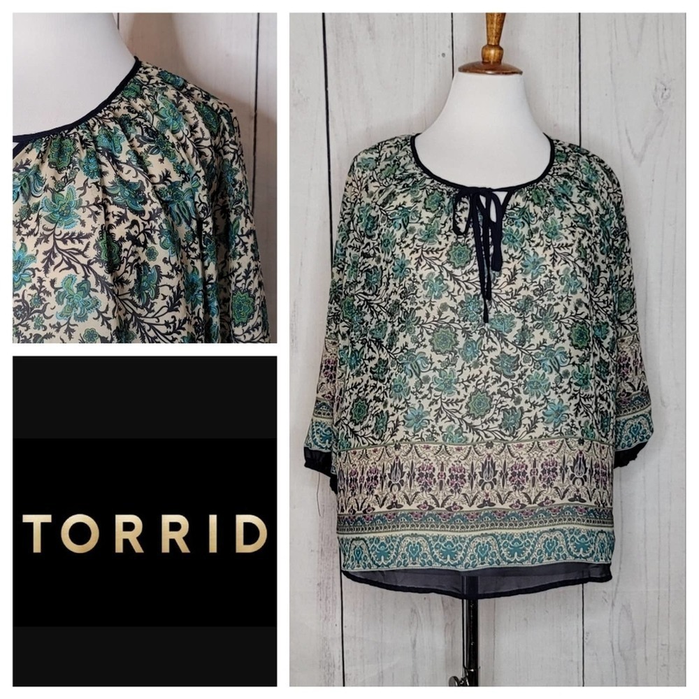 Torrid Boho Floral Print‎ Tie Neck Blouse Top Sheer 3/4 Sleeve  0